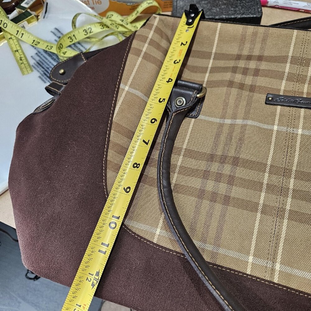 Eddie Bauer Brown Plaid 18" Overnight Weekender Bag Soft Travel Tote Carry On - Picture 11 of 14